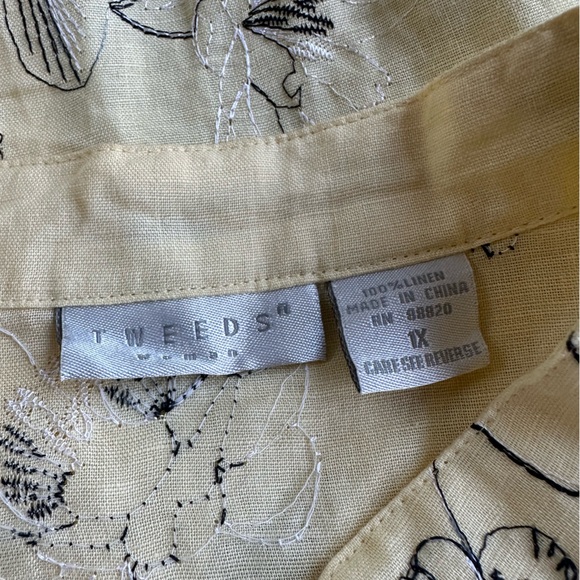 Tweeds Linen Pale Yellow Blouse With Black & White Floral Embroidery ~ 1X - Picture 12 of 15